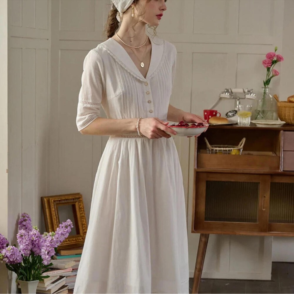 NWT Simple Retro Fiona V-Neck White Victorian Dress Cottagecore M